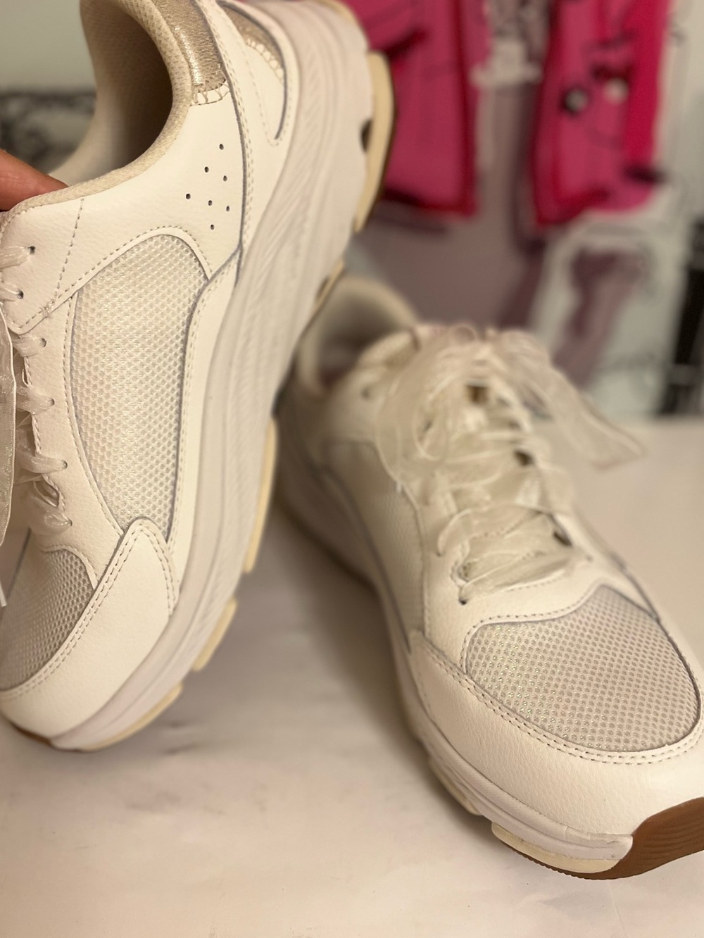Ryka Women's White Mesh & Leather Sneakers with Champagne Gold Accents - 9.5W